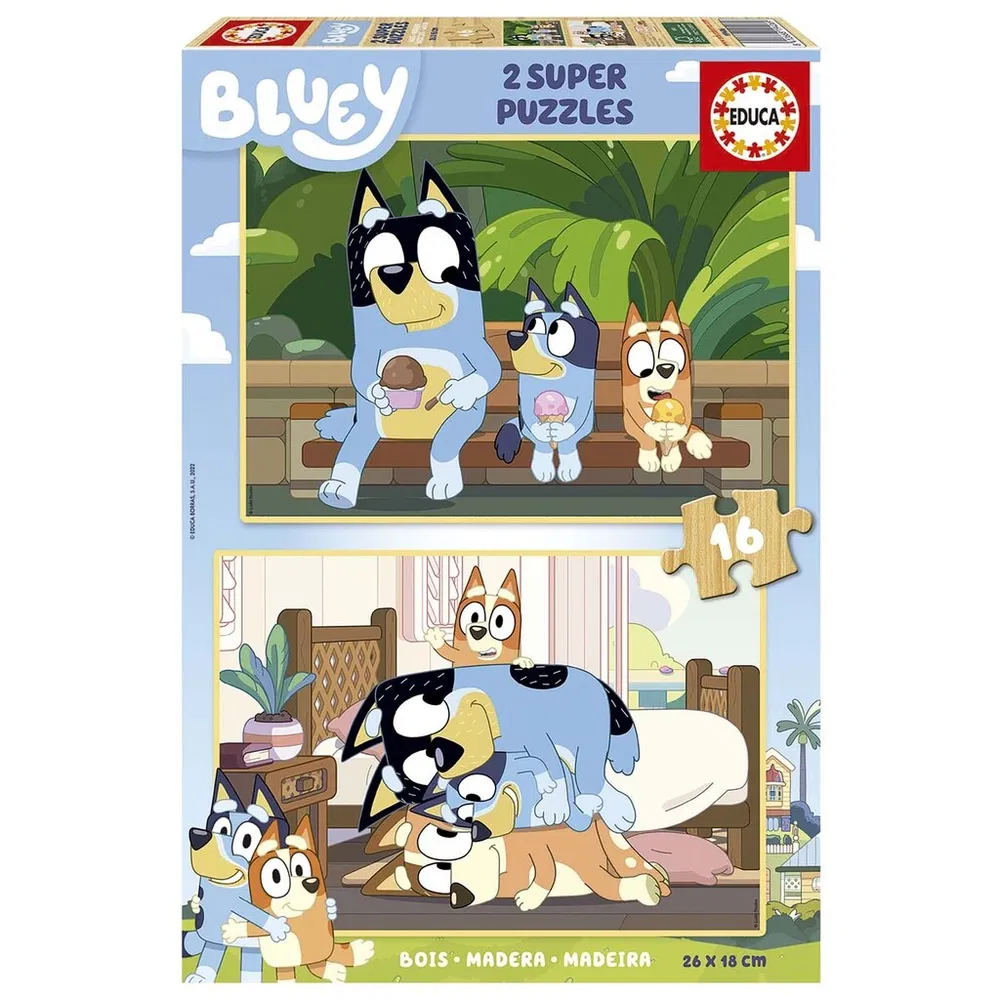 Bluey puslespil i træ-  2 x 16 brikker