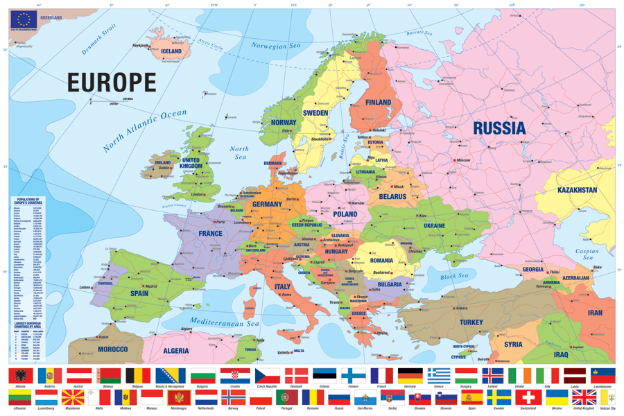 Europakort plakat m/flag - 60 x 90 cm