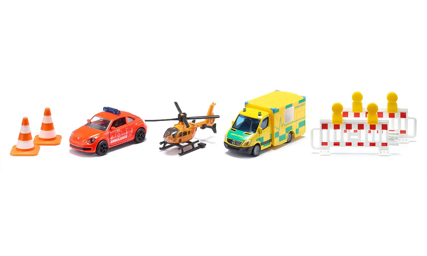 Siku Redningssæt m. VW Beetle ambulance, helikopter og Mercedes Sprinter