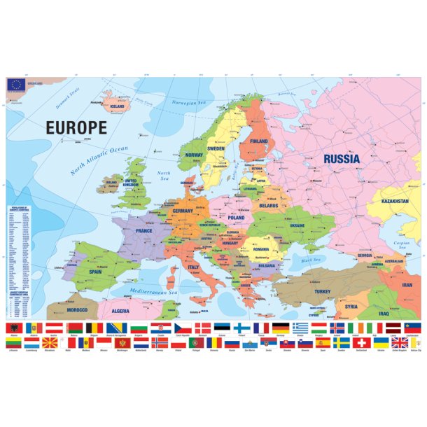 Europakort plakat m/flag - 60 x 90 cm