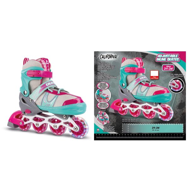 California justerbare inliners turkis/pink - Str. 31-34