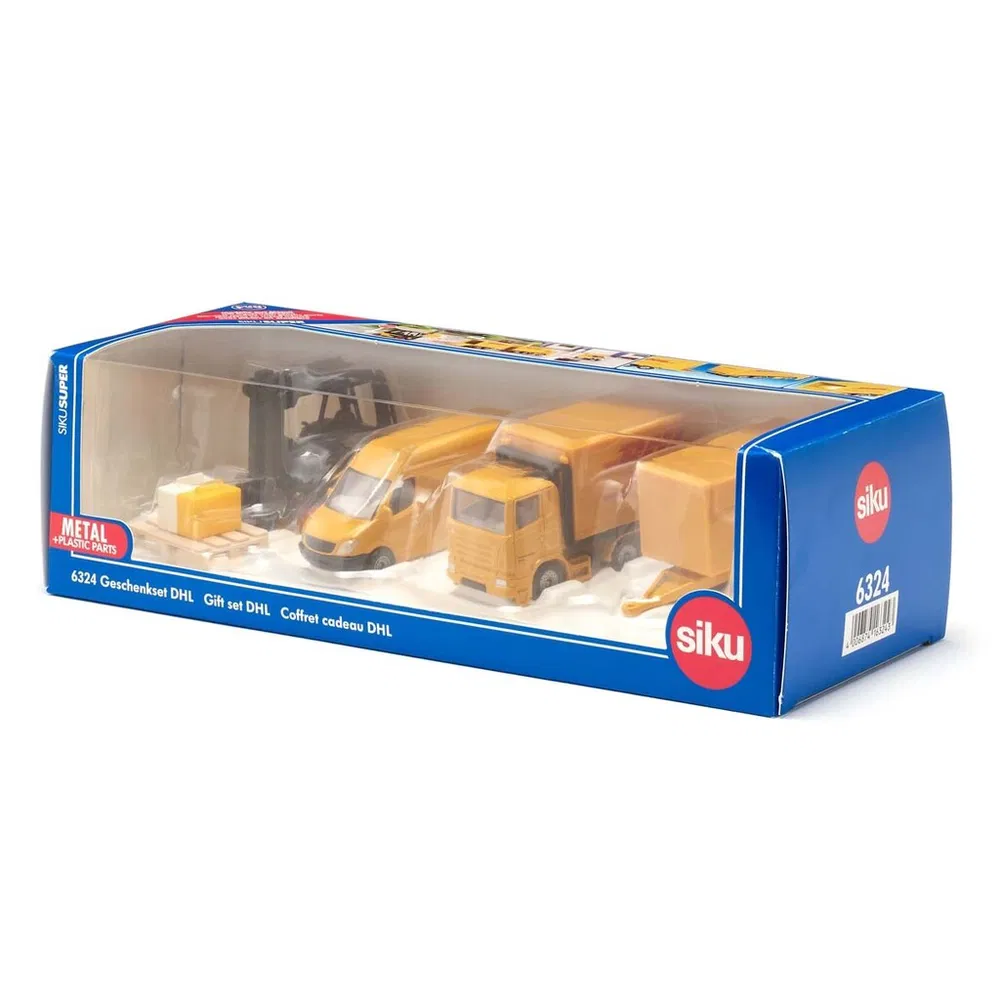 Bruder Siku DHL sæt m. gaffeltruck, traktor, transporter og trailer