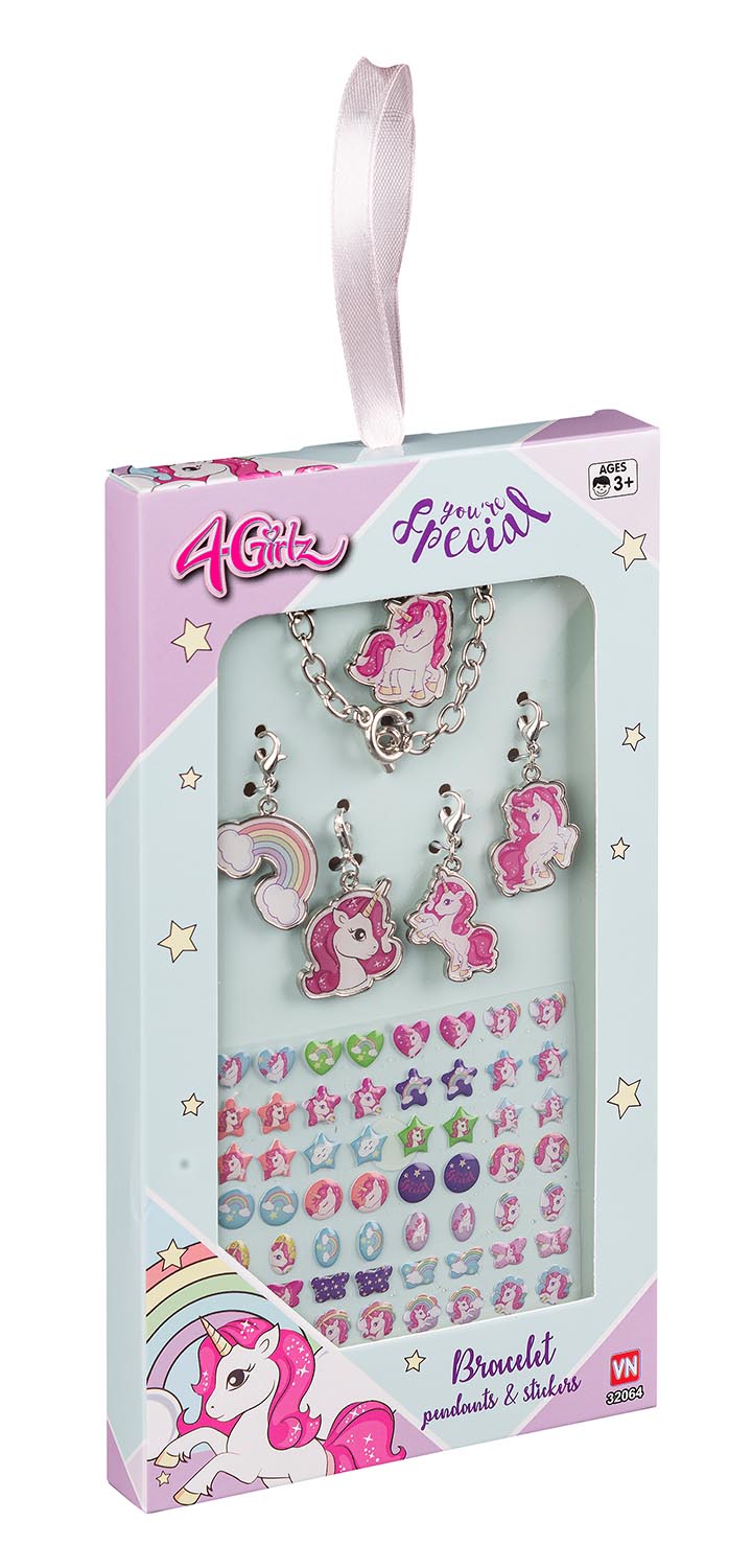 4-Girlz Metalarmbånd med 5 enhjørning vedhæng og -stickers