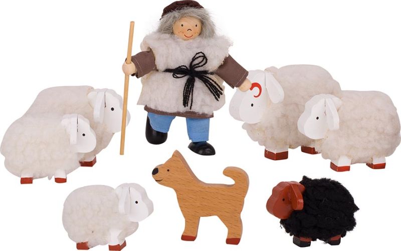 Goki fårehyrde m. får og hund - i træ