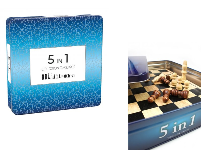 5-i-1 spil i Tin kasse - Skak, dam, Backgammon, kryds & bolle og Domino