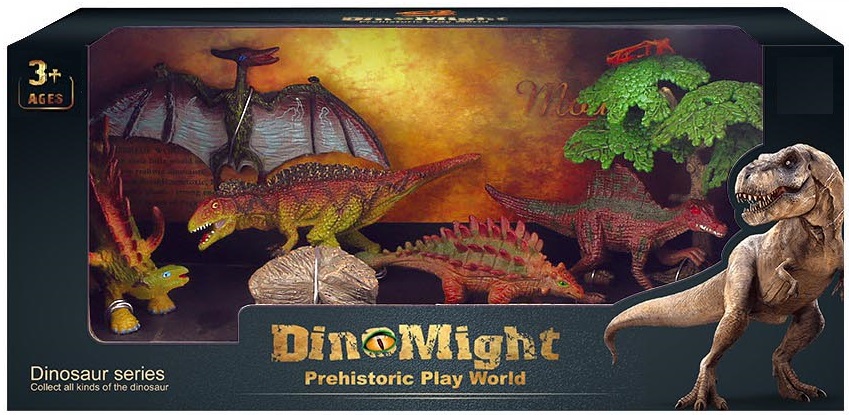 DinoMight Dinosaur pakke med 5 dinosaurer, træ og sten 